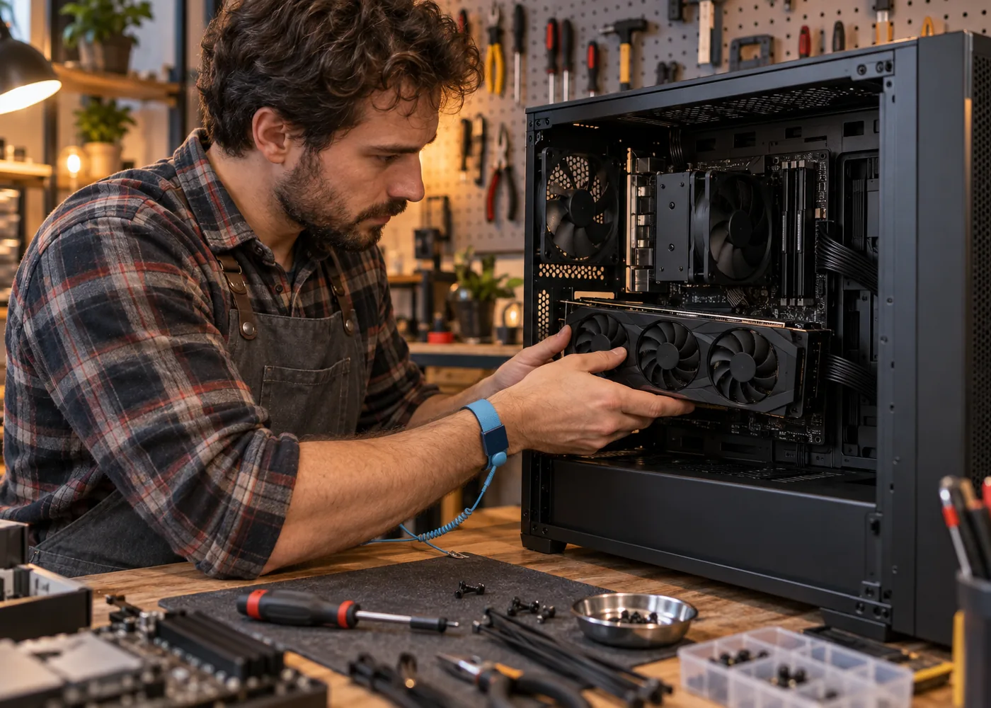 Un tecnico Drako IT installa una scheda video in un PC sul banco del laboratorio