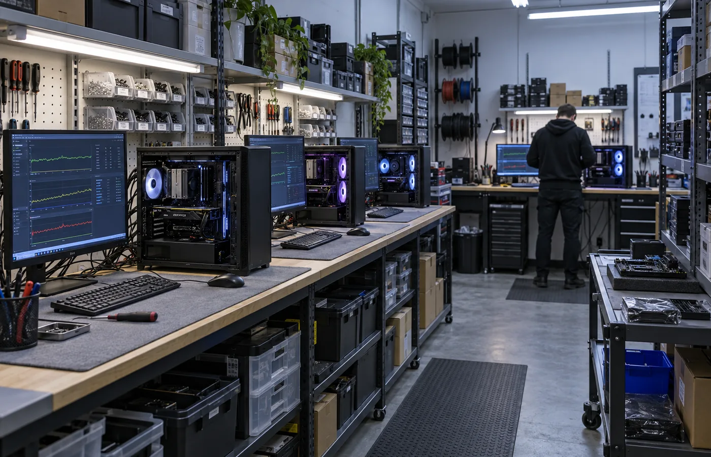 Il laboratorio di assemblaggio Drako IT con i banchi di lavoro e i PC in collaudo