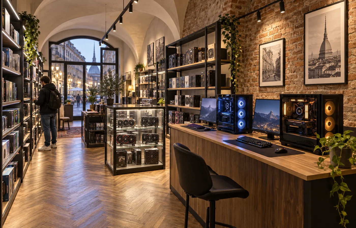 L'interno del negozio Drako IT a Torino, con scaffali di componenti e PC dimostrativi